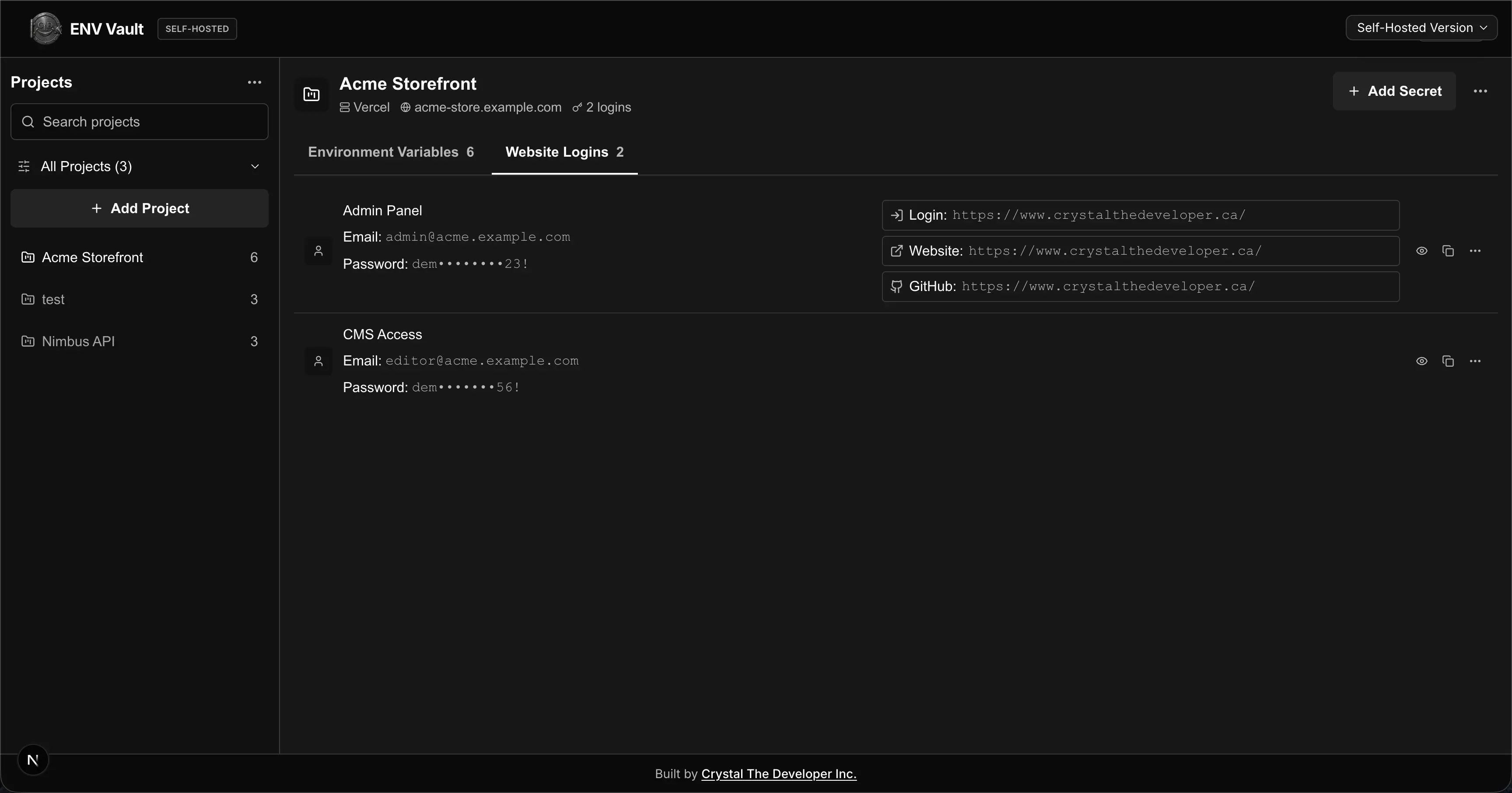 ENV Vault Website Logins screen showing organized project credentials and login links